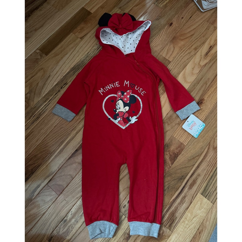 Disney Baby Minnie Mouse Red Hooded Coverall Ears Bow Zipper NWT 24 months